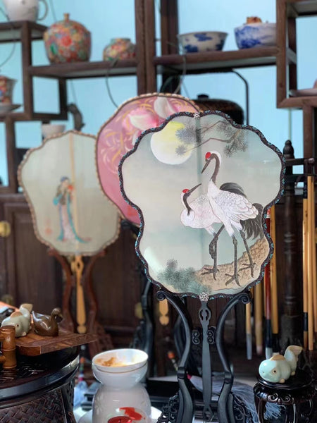 Silk Fan Painting᛫A Tale of Two Cranes 絹扇᛫松月双鹤图